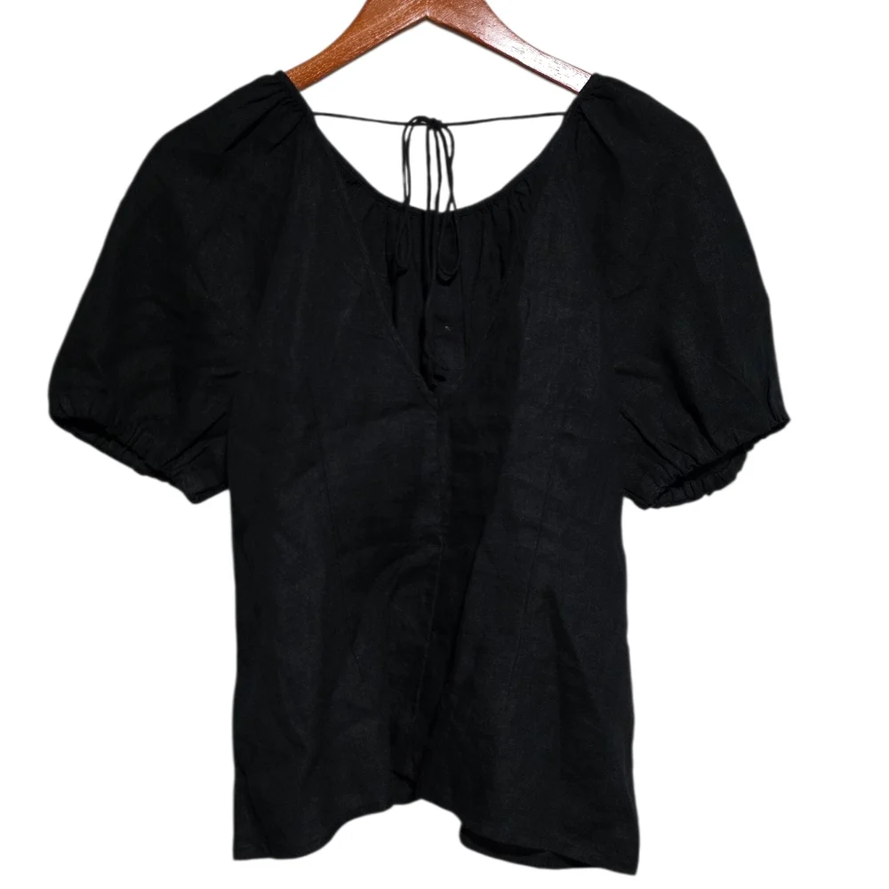 J. Crew V-Back Linen Top in Black Size 4 NWT